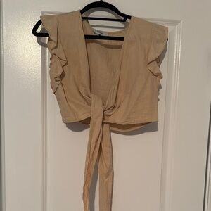 Tan Ruffled Tie-Front Crop Blouse